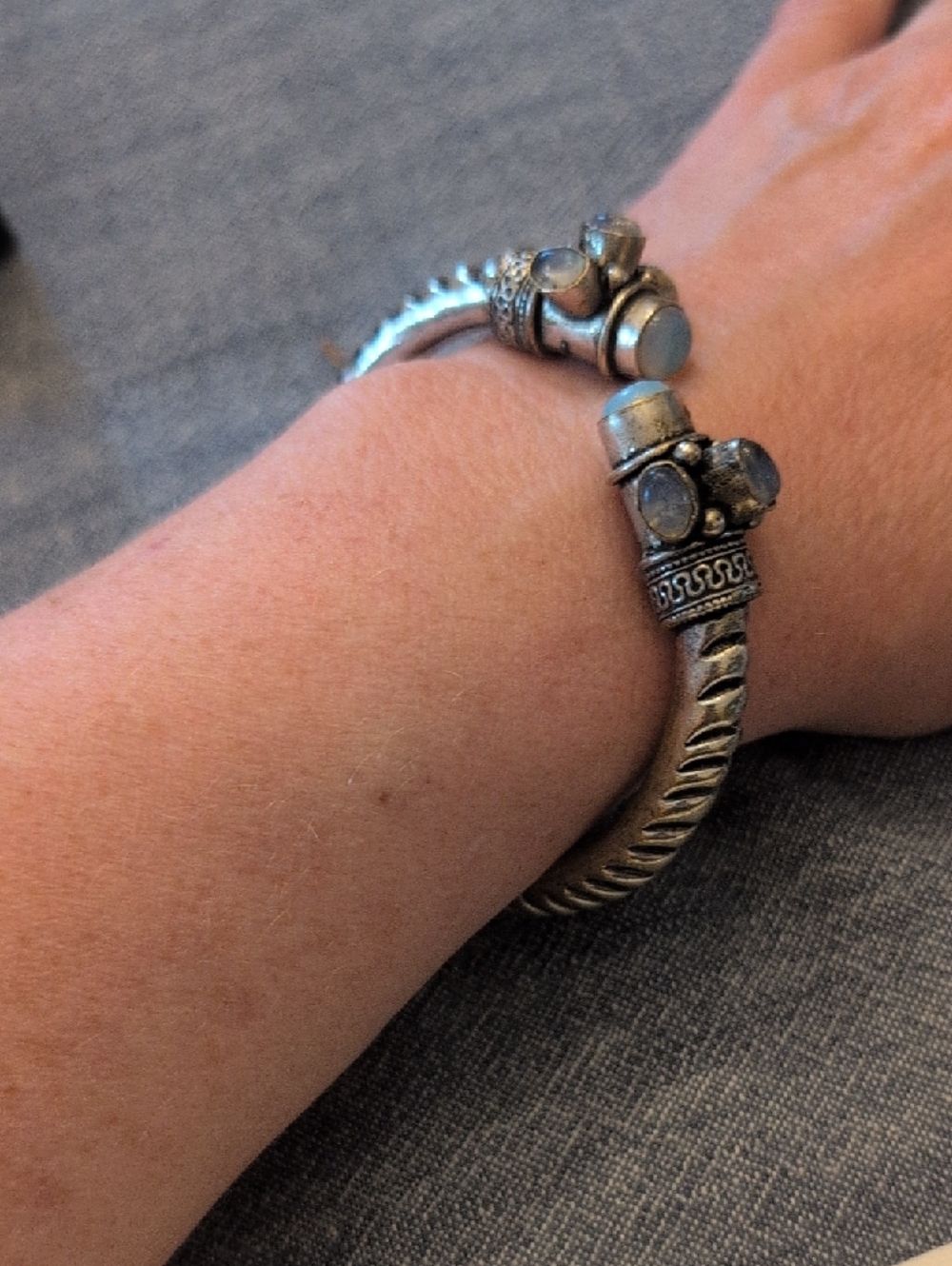 Silver Open Cuff Bracelet with Pale Blue Gemstones - Picture 2 of 8